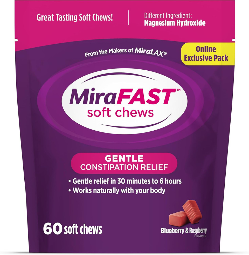 Mirafast Soft Chews, From The Makers Of Miralax, Gentle Constipation Relief In 30Min-6Hrs, Fast Acting Laxative, Stimulant Free Saline Laxative, Magnesium Hydroxide, Blueberry & Raspberry Flavor, 60Ct