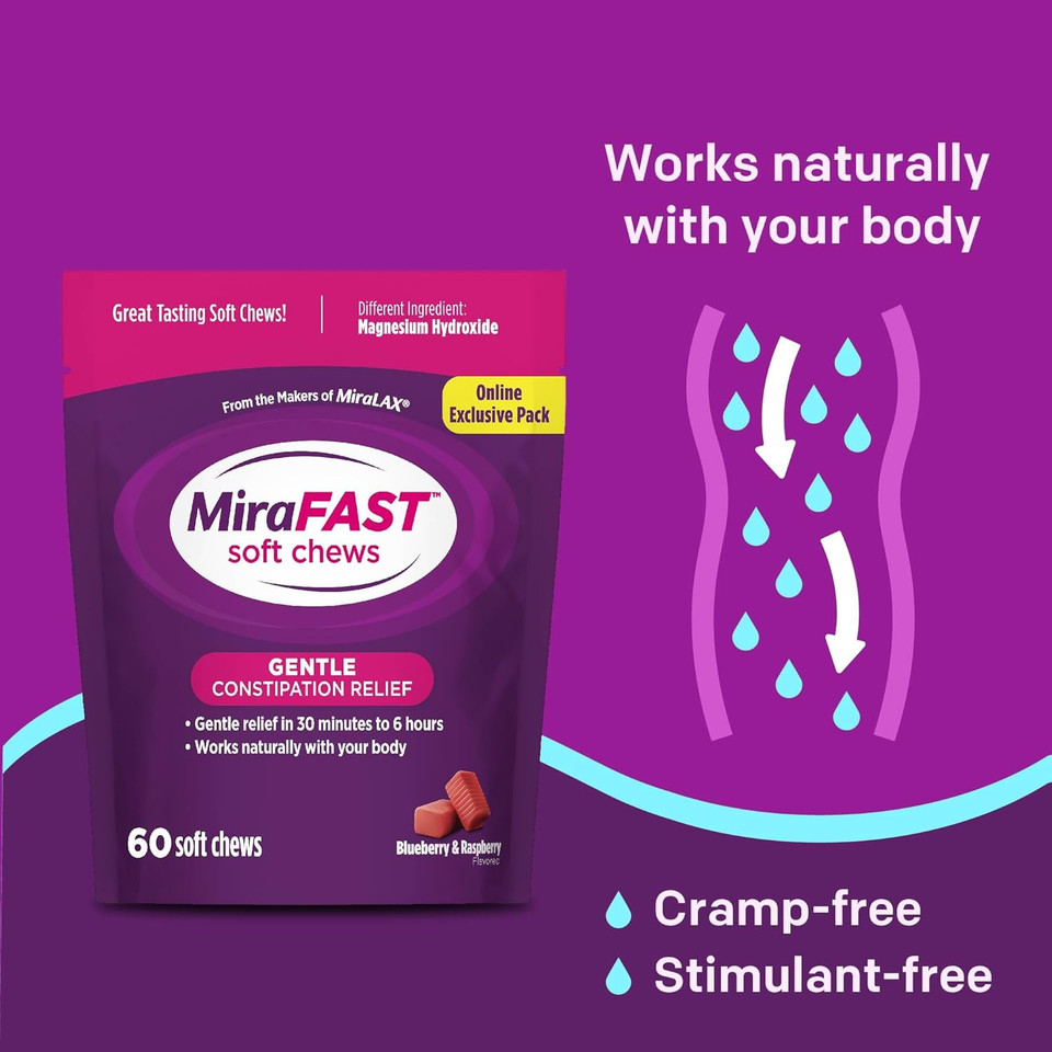 Mirafast Soft Chews, From The Makers Of Miralax, Gentle Constipation Relief In 30Min-6Hrs, Fast Acting Laxative, Stimulant Free Saline Laxative, Magnesium Hydroxide, Blueberry & Raspberry Flavor, 60Ct