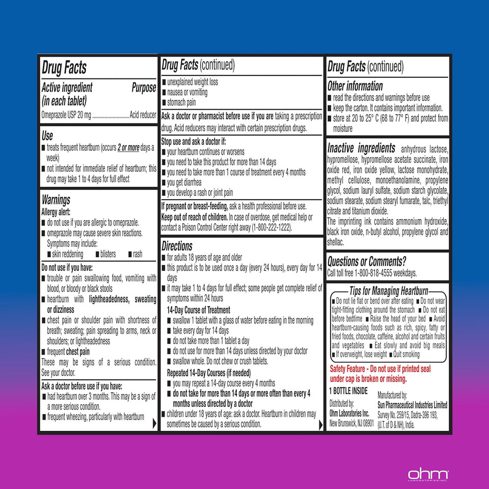 Ohm Omeprazole Delayed-Release Tablets, 20Mg Acid Reducer, Treats Frequent Heartburn (4 Weeks Of Supply, 28, Count)