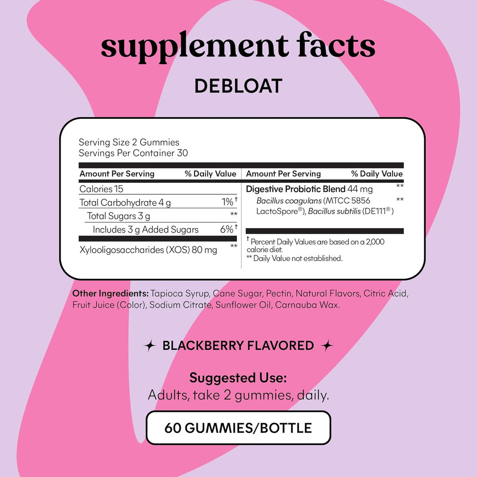 Lemme Debloat - Digestive & Gut Health Gummies With 2 Clinically Studied Probiotics & Prebiotic, Vegetarian, Gluten Free, Non Gmo, Blackberry Flavor (60 Count)