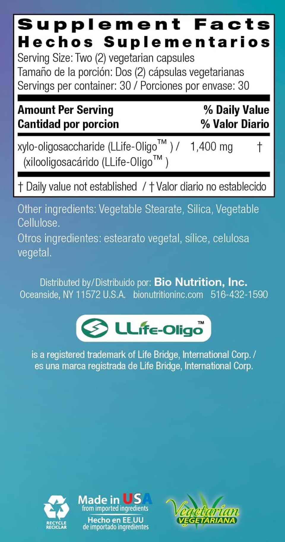 Bio Nutrition Pre-Biotic 60 Vegetarian Capsules Llife Oligo Prebiotic Fiber Xos Patented Formula Improves Gut Health | Promotes Strong Intestinal Flora