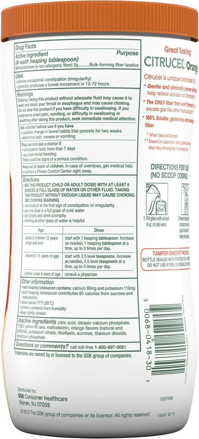 Citrucel - Fiber Supplement - Orange Powder - 30 Oz. 2 Gram Strength - Methylcellulose