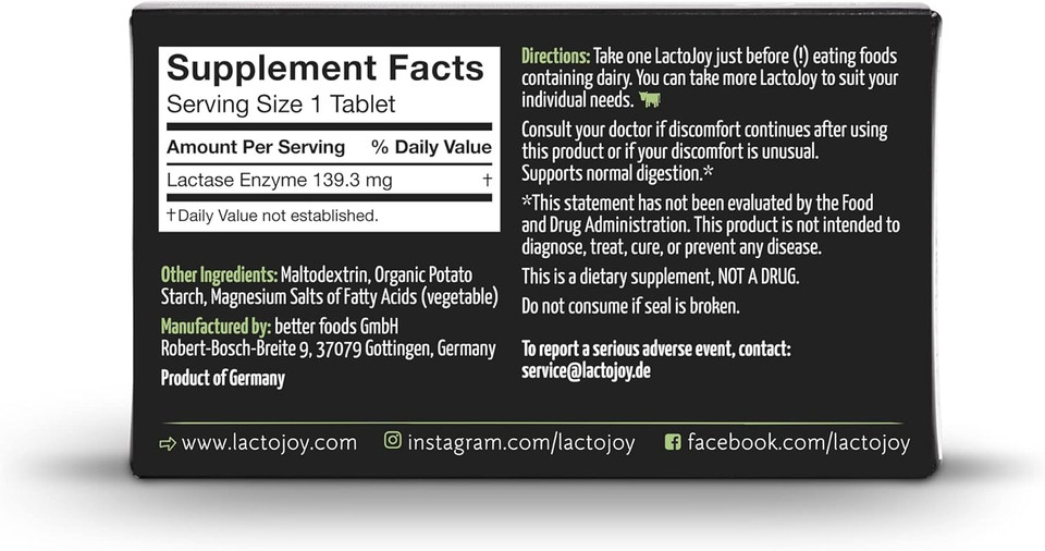 Lactojoy Lactase Pills 14.500 Fcc I 45 Pieces I Powerful Lactase Enzymes For Lactose Intolerance I Ultra Pure Lactase For Improved Digestion I No Silicon Dioxide, No Artificial Flavors, No Sucralose
