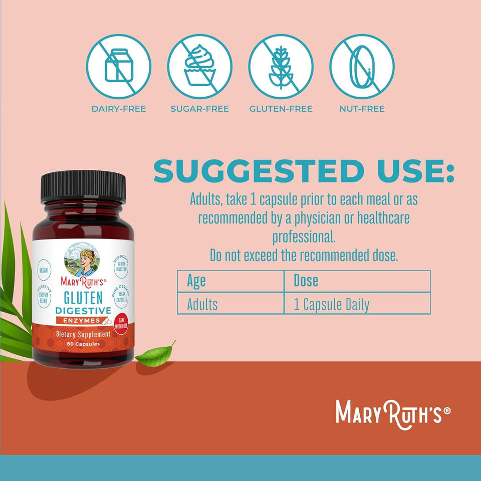 Maryruth Organics Gluten Enzymes Capsules | Enzyme Supplement For Gut Health Support | Gluten Digestion | & Nutrient Absorption | Vegan | Gluten Free | 60 Count