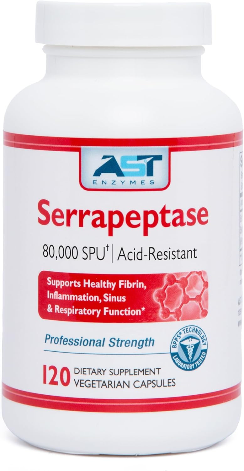 Ast Enzymes Serrapeptase 80,000 Spu  120 Vegetarian Capsules - Premium Natural Systemic Enzymes  Acid-Resistant Serrapeptase