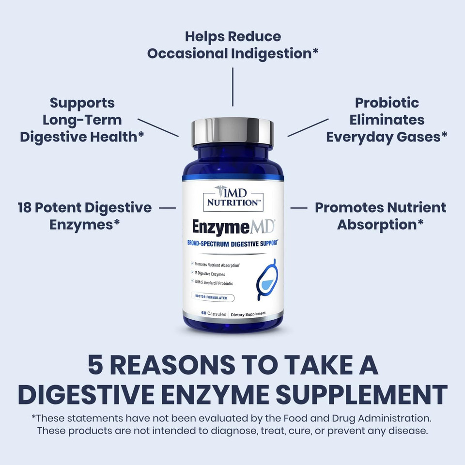 1Md Nutrition Enzymemd - Digestive Enzymes Supplement - Doctor Formulated | 18 Plant-Based Enzymes - Gas & Bloating Support | 60 Capsules