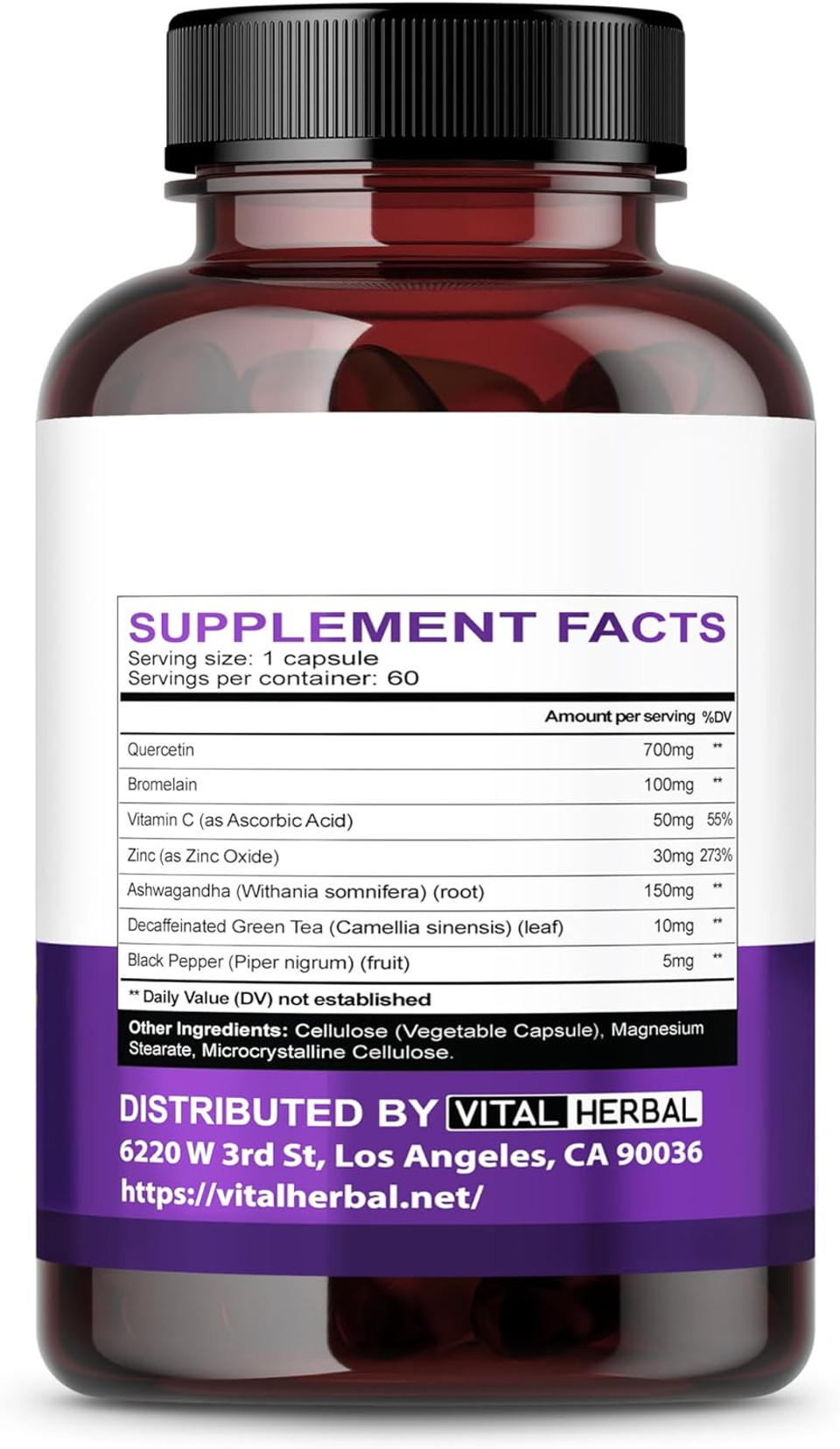 Quercetin 700Mg With Zinc, Vitamin C & Bromelain  Immune & Antioxidant Support Supplement  60 Capsules  Vital Herbal