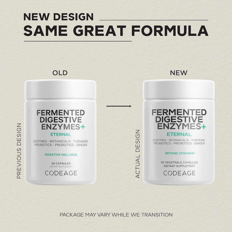 Codeage Fermented Digestive Enzymes Supplement 3-Month Supply - 14 Digestive Enzymes, Probiotics, Prebiotics, Fermented Botanicals, Plant-Based Multi Pancreatic Enzymes - 1 Capsule A Day - 90 Capsules