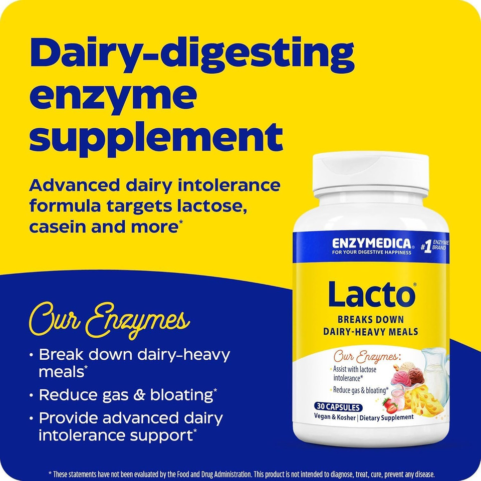 Enzymedica Lacto, Maximum Strength Formula For Dairy Intolerance, With Enzymes Lactase And Protease, Relieves Digestive Discomfort, 30 Capsules (30 Servings)