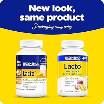 Enzymedica Lacto, Maximum Strength Formula For Dairy Intolerance, With Enzymes Lactase And Protease, Relieves Digestive Discomfort, 90 Capsules (90 Servings)