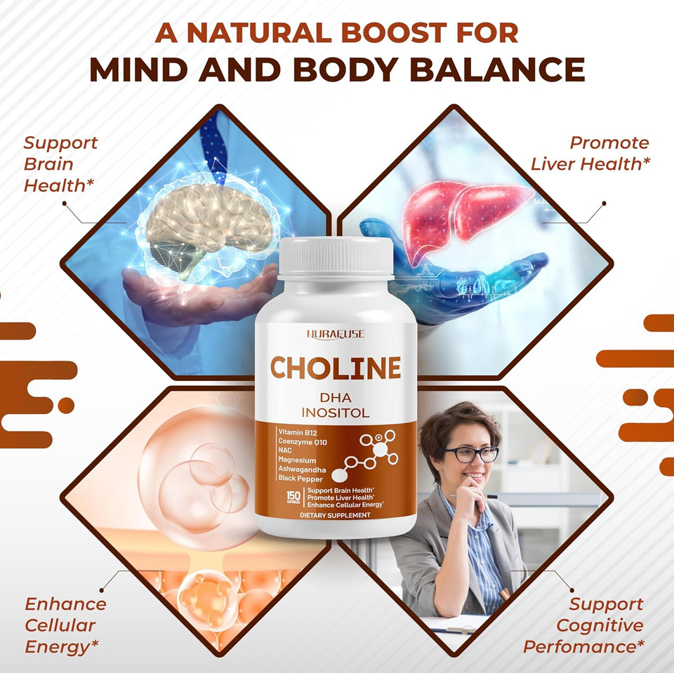 Choline With Dha, Inositol, Vitamin B12, Coenzyme Q10, Nac, Magnesium, Ashwagandha  Supports Brain Health, Promotes Liver Health  Made In The Usa