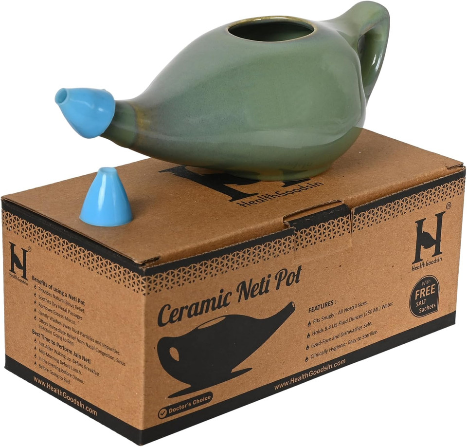 Healthgoodsin Ceramic Neti Pot, Premium Handcrafted Durable, Dishwasher Safe With 2 Silicone Nozzle Tip, 225 Ml. (7.6 Fl Oz) Capacity (Elegant Green) Healthgoodsin Ceramic Neti Pot, Premium Handcrafted Durable, Dishwasher Safe With 2 Silicone Nozzle Tip, 225 Ml. (7.6 Fl Oz) Capacity (Elegant Green)