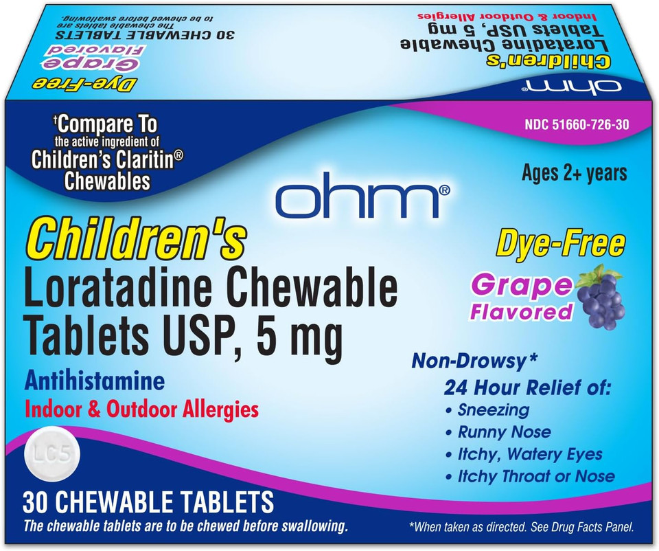 Ohm ChildrenS Chewable Tablets, Dye Free, Grape, Non-Drowsy 24H Relief Of Sneezing, Runny Nose, Itchy Watery Eyes, Itchy Throat Or Nose, Antihistamine, Indoor & Outdoor Allergies, 5Mg, 60 Tablets