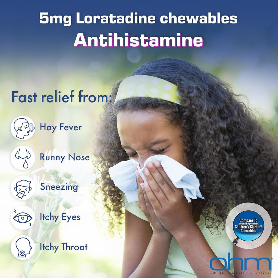 Ohm ChildrenS Loratadine Chewable, Dye Free, Bubblegum, Non-Drowsy 24H Relief Of Sneezing, Runny Nose, Watery Eyes, Itchy Throat Or Nose, Antihistamine, Indoor & Outdoor Allergies, 5Mg, 30 Tablets