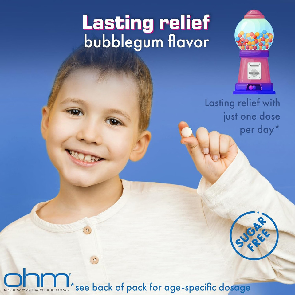 Ohm ChildrenS Loratadine Chewable, Dye Free, Bubblegum, Non-Drowsy 24H Relief Of Sneezing, Runny Nose, Watery Eyes, Itchy Throat Or Nose, Antihistamine, Indoor & Outdoor Allergies, 5Mg, 30 Tablets
