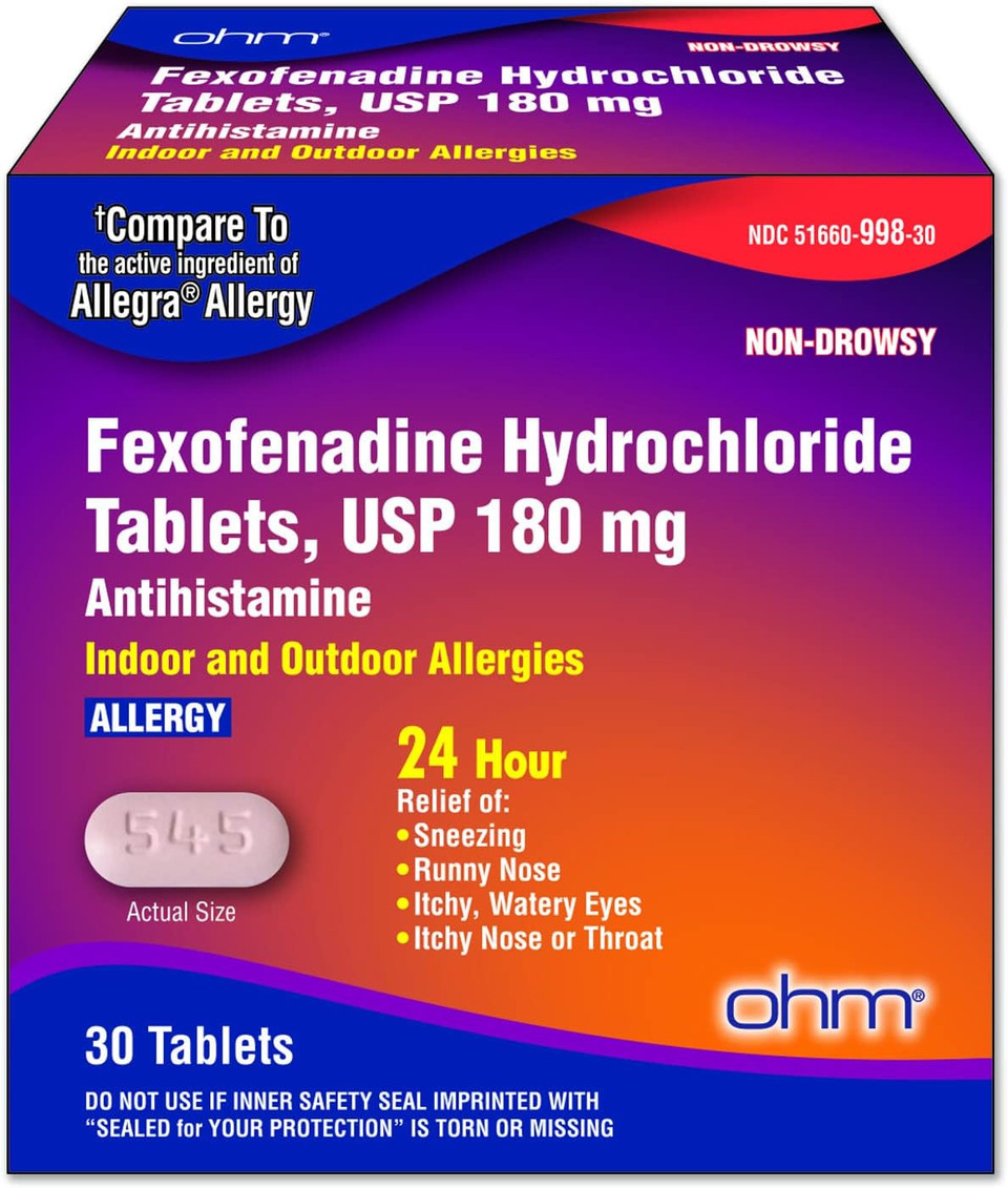 Ohm Non-Drowsy Fexofenadine Antihistamine Indoor Outdoor Allergy Relief Tablets 30Ct