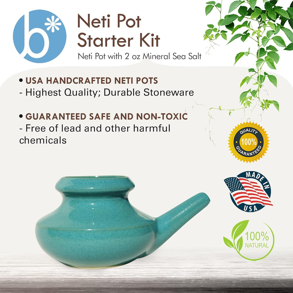 Neti Pot Tool Kit - Snoring & Saline Solution, Handcrafted Ceramic Dishwasher Safe With 2Oz Mineral Sea Salt For Nose Cleaning & Sinus Rinse Perfect For Allergy Relief In Adults & Kids (Jade)