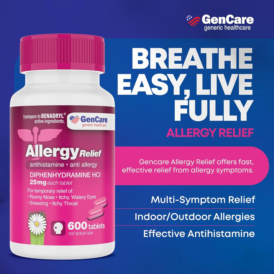 Gencare Allergy Relief Medicine  Bulk Value 1000 Count Diphenhydramine 25Mg  Antihistamines For Adults For Congestion, Sneezing, Runny Nose, Itchy Eyes & Throat  Pink