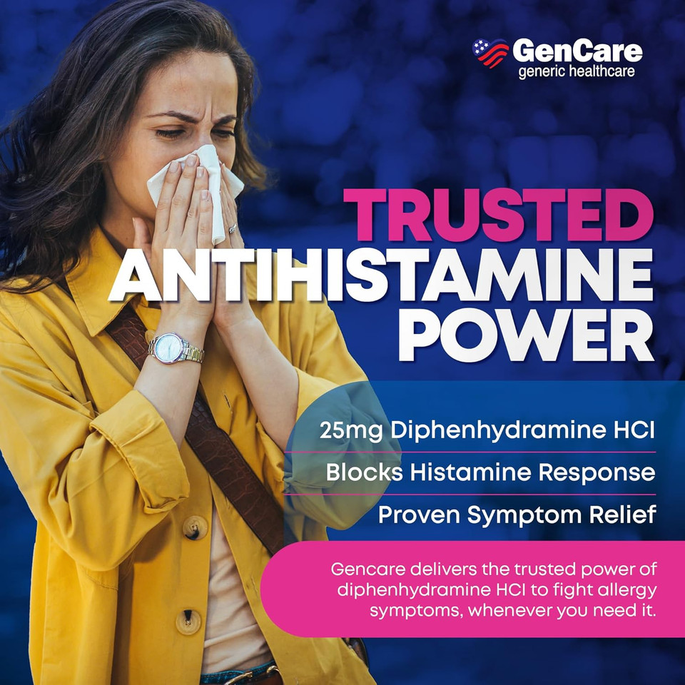 Gencare Allergy Relief Medicine  Bulk Value 1000 Count Diphenhydramine 25Mg  Antihistamines For Adults For Congestion, Sneezing, Runny Nose, Itchy Eyes & Throat  Pink