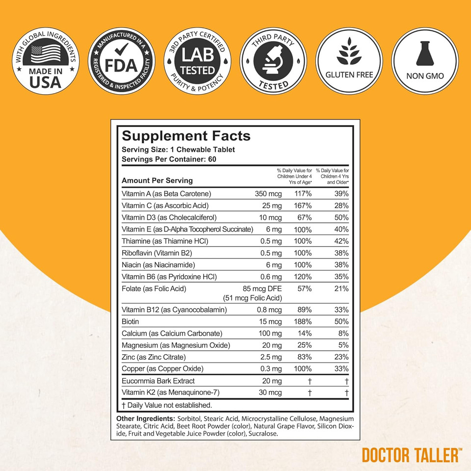 Doctor Taller Kids - Kids Multivitamins, Toddler Vitamins - Support Bone Strength, Enhanced Immunity With Calcium, Multivitamins For Ages 2 To 9 - Grape Flavor - 90 Chewable Tablets | 6 Weeks Supply