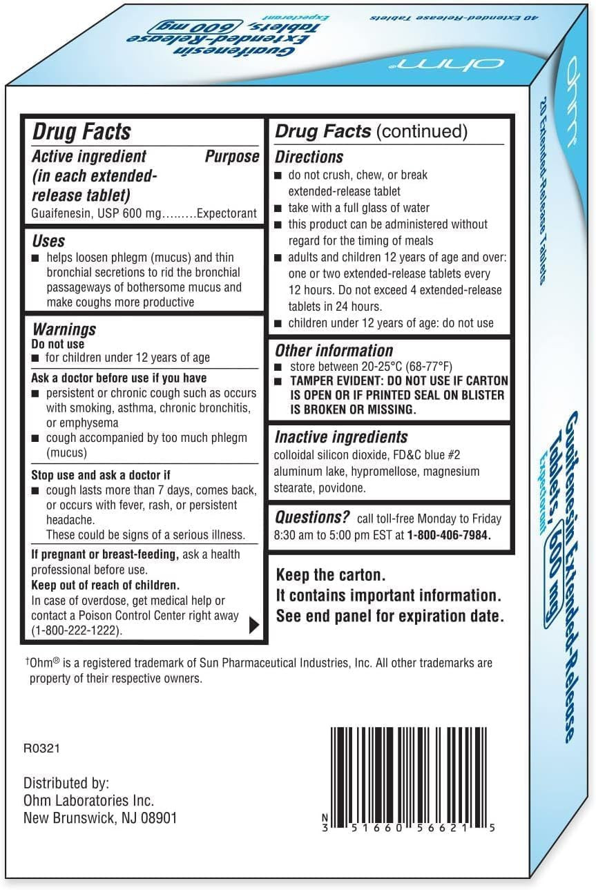 Ohm Guaifenesin Chest Congestion And Mucus Relief Extended-Release Tablets 600 Mg 12-Hour 20 Expectorant Caplet