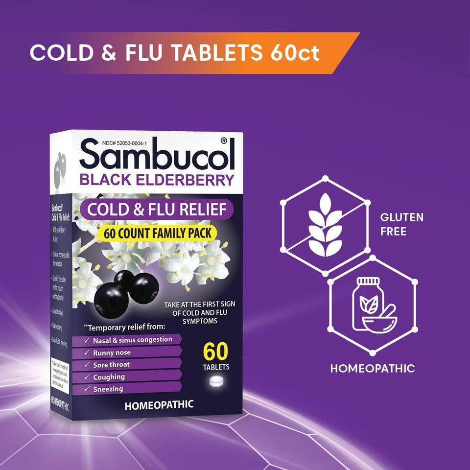 Sambucol Cold And Flu Relief Tablets - Homeopathic Cold Medicine, Cold Remedy For Adults, Black Elderberry For Colds, Zinc Cold Remedy - 30 Count