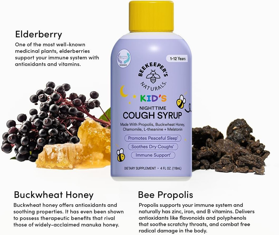 BeekeeperS Naturals B.Better Nighttime Cough Syrup For Adults - Elderberry Extract, Bee Propolis Extract, Buckwheat Honey - Immune Support, 4 Oz BeekeeperS Naturals B.Better Nighttime Cough Syrup For Adults - Elderberry Extract, Bee Propolis Extract, Buckwheat Honey - Immune Support, 4 Oz