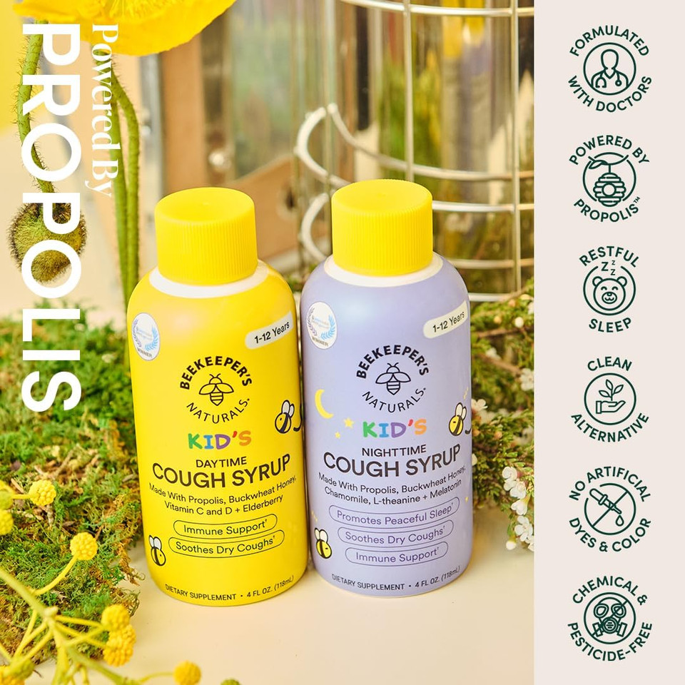 Beekeeper'S Naturals Propolis Honey Cough Syrup Daytime For Kids Immune Support With Elderberry, Vitamin C, Vitamin D & Raw Honey - Throat Soothing - Gluten Free & Clean Ingredients, 4 Oz