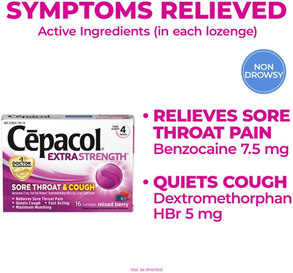Cepacol Extra Strength Sore Throat & Cough Drop Lozenges, Mixed Berry 48Ct (3X16Ct)