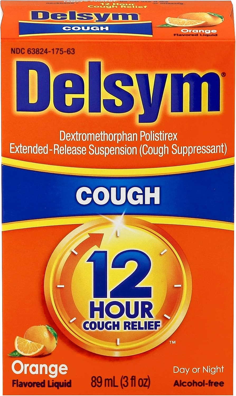Delsym 12 Hour Cough Relief Liquid- Day Or Night, Orange Flavor Cough Medicine With Dextromethorphan Helps Quiet Cough By Suppressing Cough Reflex, 3 Oz