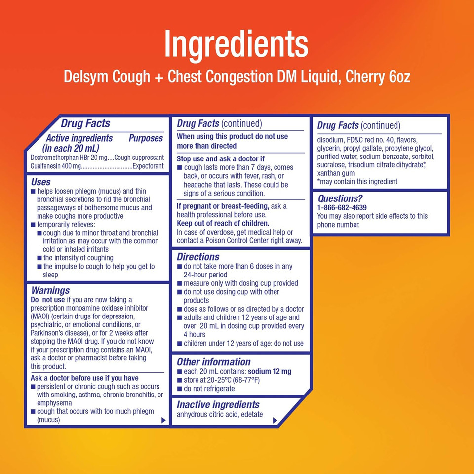 Delsym Max Strength Cough Plus Chest Congestion Dm Liquid, Cherry Flavor, 6 Fl. Oz. Relieves Cough, Chest Congestion, And Thins & Loosens Mucus