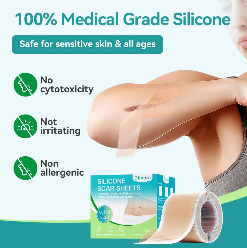 Dimora Waterproof Silicone Scar Sheets - Medical Grade Hypoallergenic Silicone Scar Tape (1.6X60" Roll), Ultra-Soft Scar Removal Treatment For Surgical Scars, C Section, Tummy Tuck, Keloid Treatment