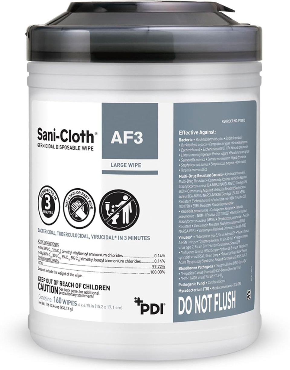 Sani-Cloth Af3, Surface Disinfecting Wipes, Fragrance Free, Alcohol-Free, Large Canister, 160 Wipes