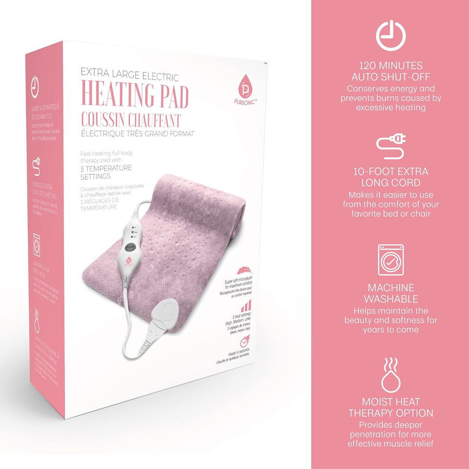 Pursonic Extra Large Electric Heating Pad For Back Pain And Cramps Relief - 12" X 24" Heating Pad For Back Pain Relief, Neck, Shoulder - Dry & Moist Heat Option 2 Hours Auto Shut-Off (Rose Gold)