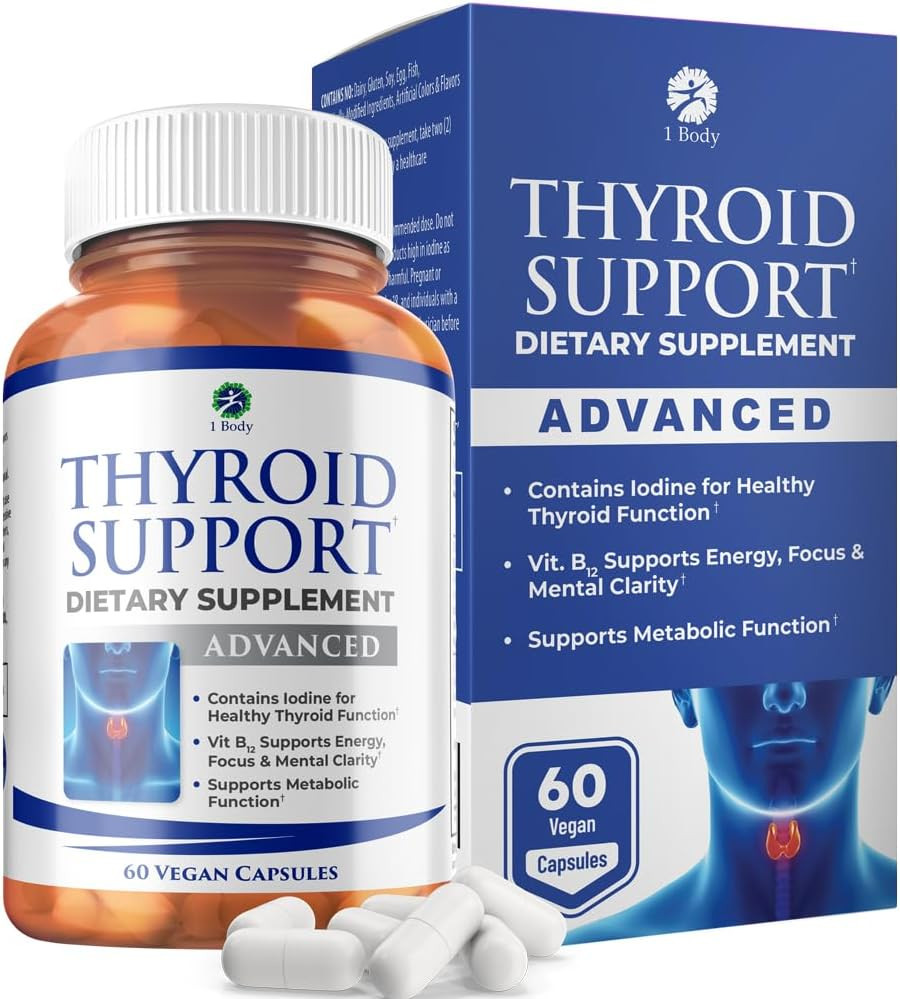 1 Body Thyroid Support Supplement With Iodine, B12, Zinc, Selenium, Ashwagandha, Non-Gmo, Vegetarian, 30 Day Supply