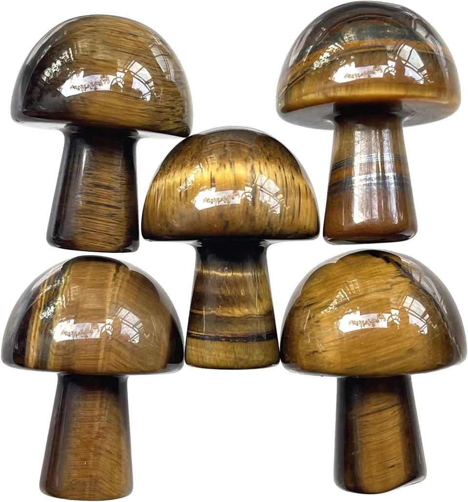 5Pcs Mini Mushroom Shaped Gemstone Statue Figurine, Carved Crystal Stone Mushrooms Crafts For Healing Chakra Reiki Balancing Home Decoration, Yellow Jade