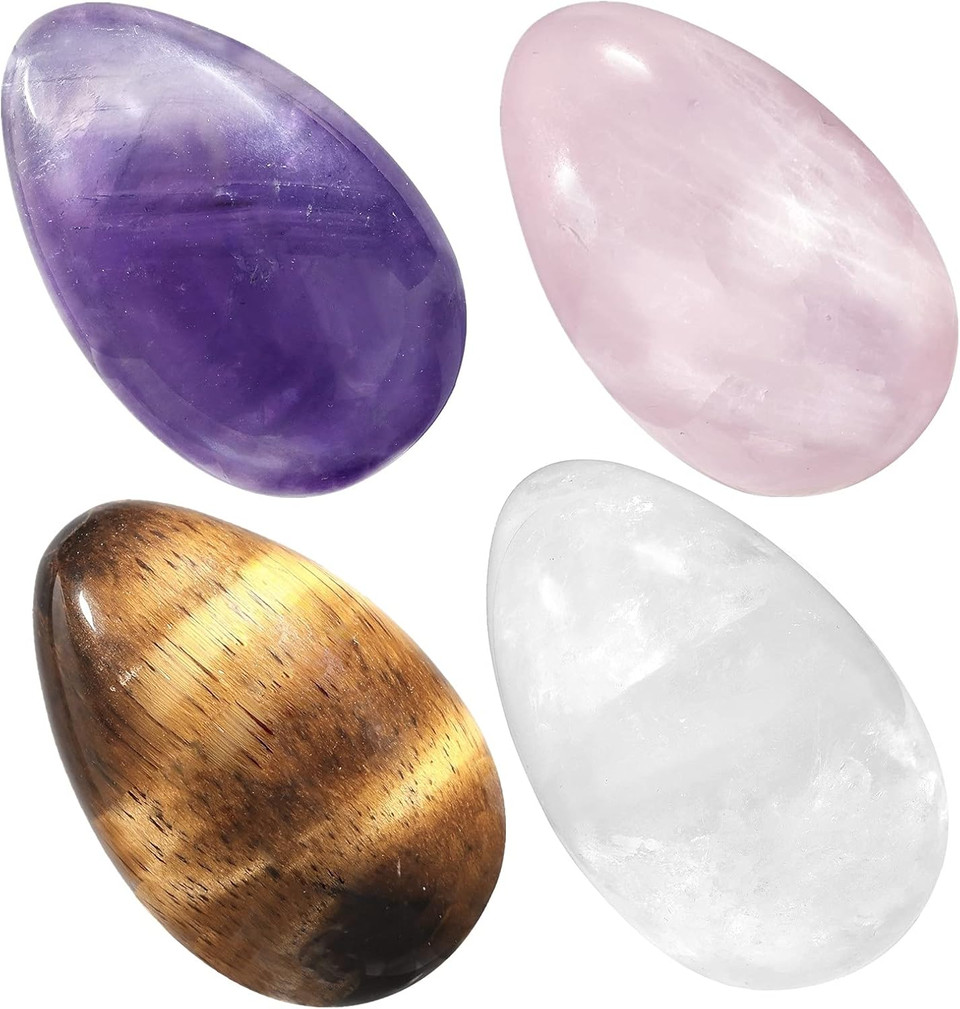 Tumbeelluwa 4Pcs Reiki Crystal Stone Eggs Kit Polished Natural Palm Pocket Stones For Stress Removing, Amethyst+Rose Quartz+Rock Crystal+TigerS Eye