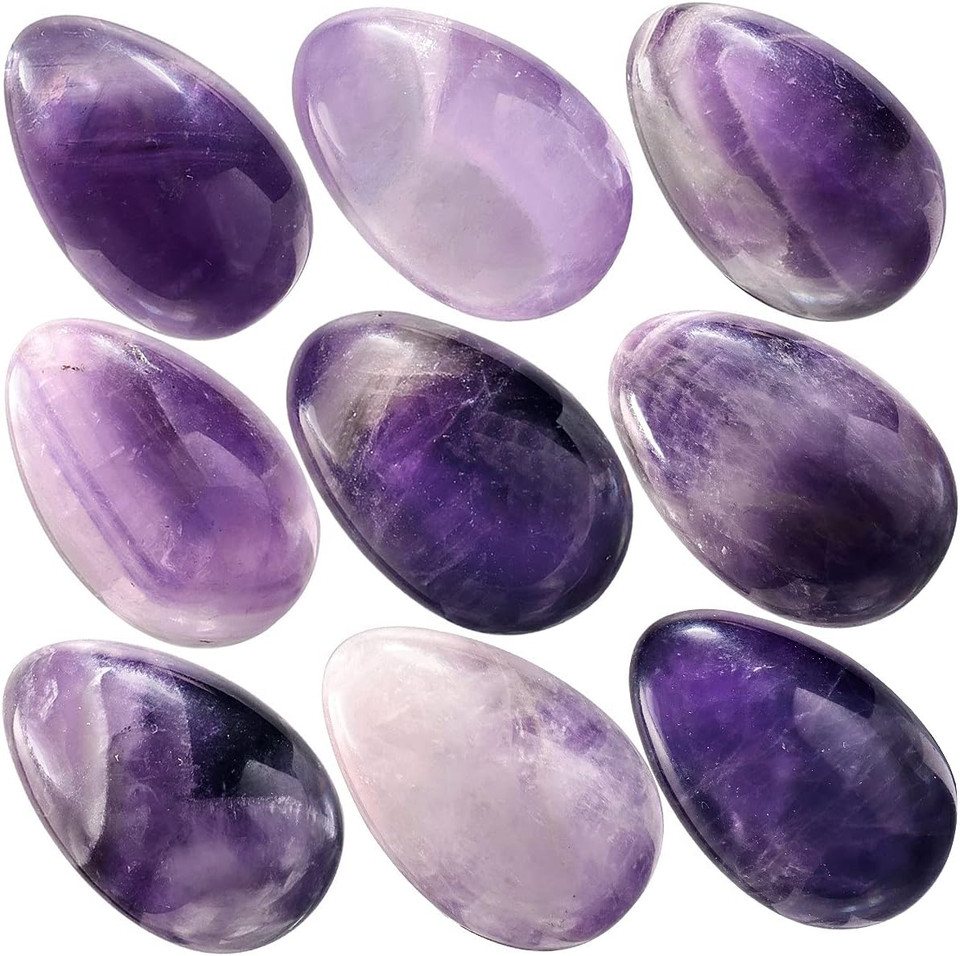 Tumbeelluwa 4Pcs Reiki Crystal Stone Eggs Kit Polished Natural Palm Pocket Stones For Stress Removing, Amethyst+Rose Quartz+Rock Crystal+TigerS Eye