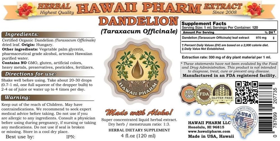 Hawaii Pharm Dandelion Liquid Extract, Dandelion (Taraxacum Officinale) Leaf Powder Tincture Supplement 4 Oz