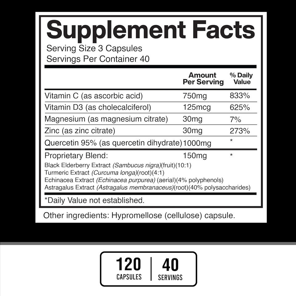 American Standard Supplements Quercetin 1000Mg Per Serving With Zinc, Vitamin C, Vitamin D3, Magnesium, Elderberry, Echinacea, Turmeric, Astragalus - Gluten Free, Non-Gmo, 120 Capsules, 40 Servings