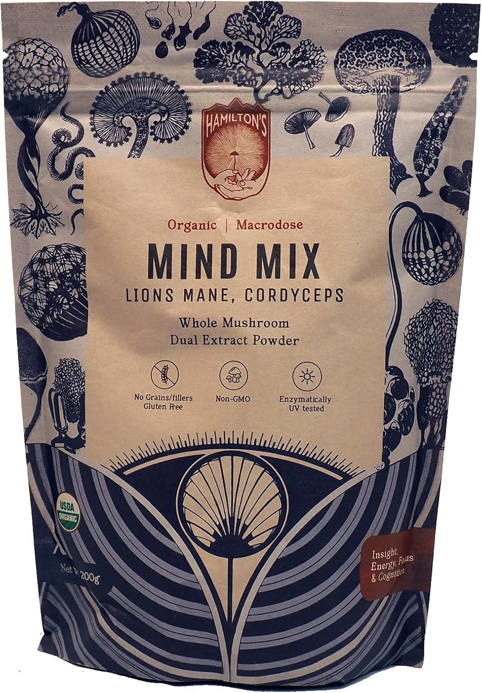 HamiltonS Mind Mix | LionS Mane + Cordyceps | Organic Mushroom Extract Powder For Synaptic Growth & Repair, Endurance, And Vitality | High Potency | 30% Beta Glucans | Gf, Non-Gmo, Vegan (100G)