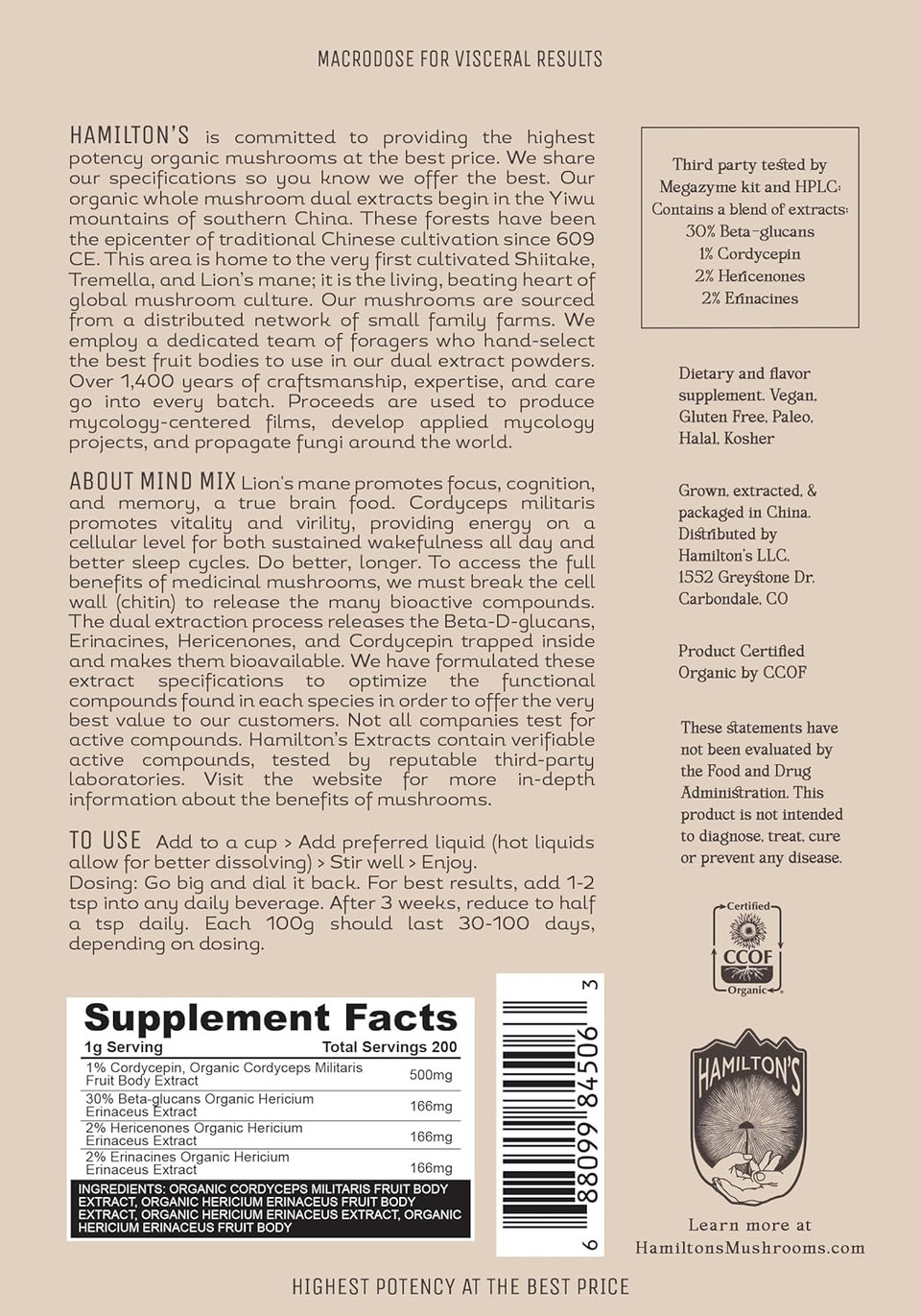 HamiltonS Mind Mix | LionS Mane + Cordyceps | Organic Mushroom Extract Powder For Synaptic Growth & Repair, Endurance, And Vitality | High Potency | 30% Beta Glucans | Gf, Non-Gmo, Vegan (200G)