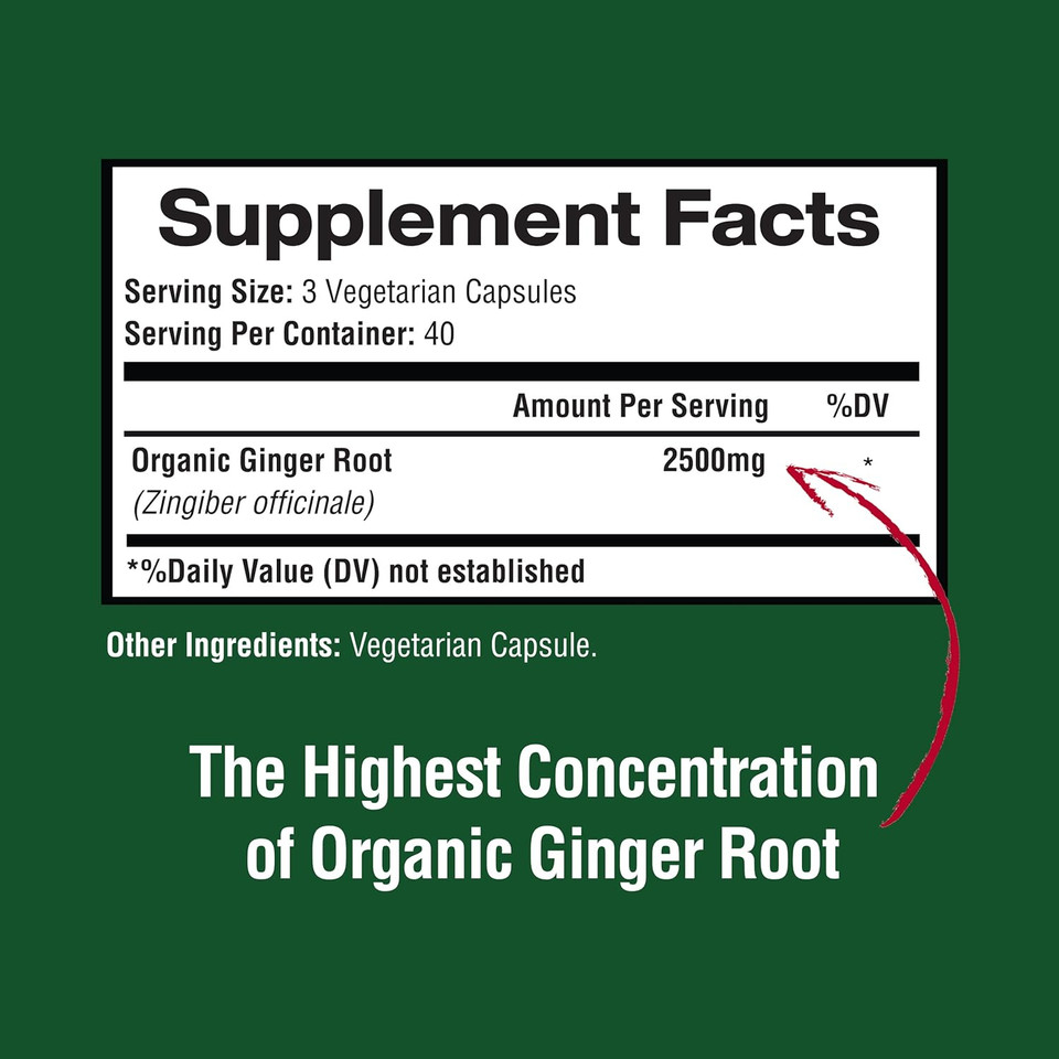 Ginger Root Capsules Made With Organic Ginger Root Powder 2500Mg Per Serving, Digestive Health Support, Immune Support, Stomach Support, 120 Vegetable Capsule 40 Servings