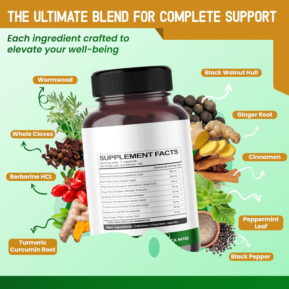 Wormwood Black Walnut Whole Cloves Ginger - Support Digestion Wellness, Liver Cleanse, Joints Health - 120-Day Supply - Made In The Usa Wormwood Black Walnut Whole Cloves Ginger - Support Digestion Wellness, Liver Cleanse, Joints Health - 120-Day Supply - Made In The Usa
