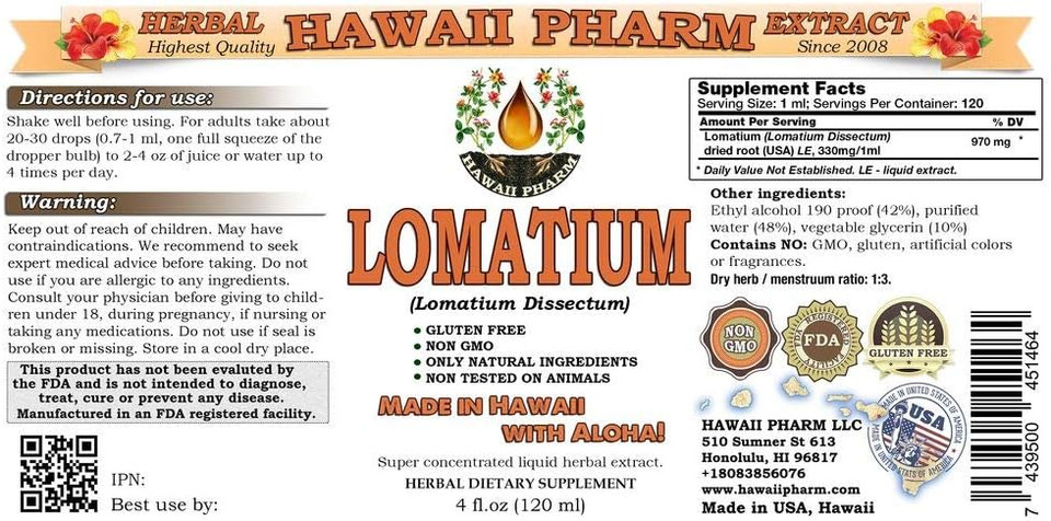 Hawaiipharm Lomatium Liquid Extract, Lomatium (Lomatium Dissectum) Dried Root Powder Tincture Supplement 4 Oz