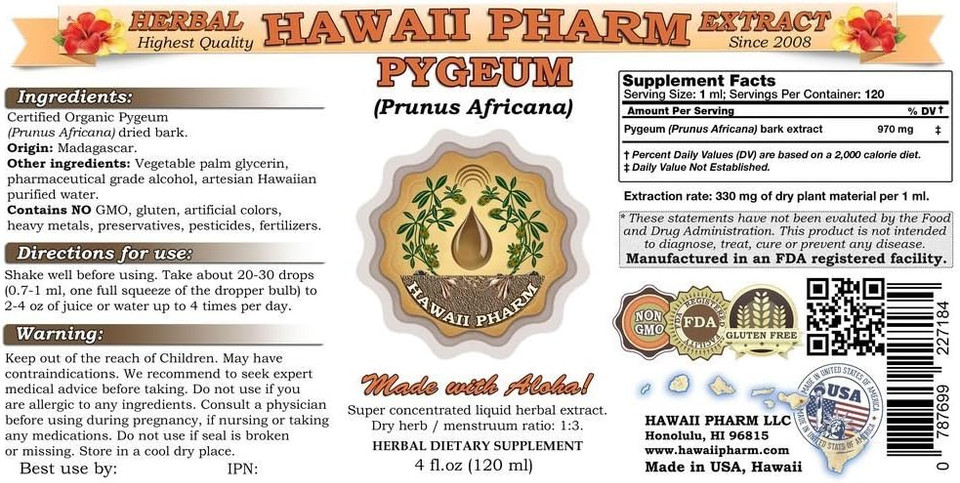 Hawaiipharm Pygeum (Pygeum Africanum) Liquid Extract, Tincture, Herbal Supplement, Made In Usa, 32 Fl.Oz