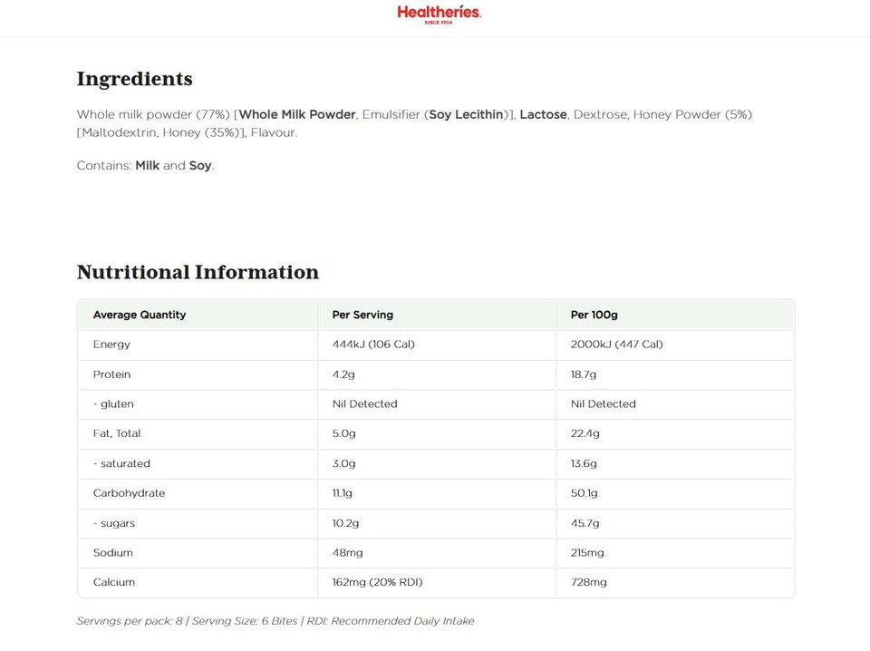 Healtheries Milk Bite Honey Flavour - 50 Bites 185G - Made In New Zealand