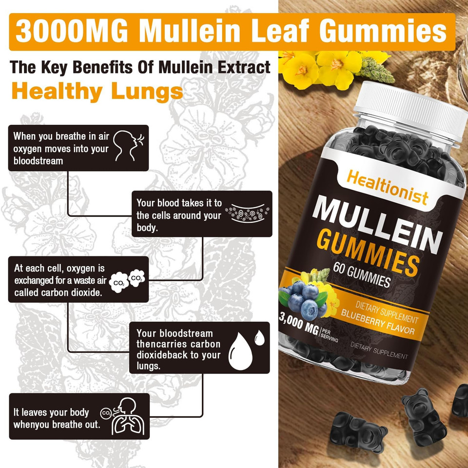 1 Pack Sugar Free Mullein Gummies - Lung Cleanse, 3000Mg Mullein Supplement For Respiratory, Organic Mullein Drops Gummy With Quercetin & Bromelain For Lung, Digestive Health & Immune 90Ct
