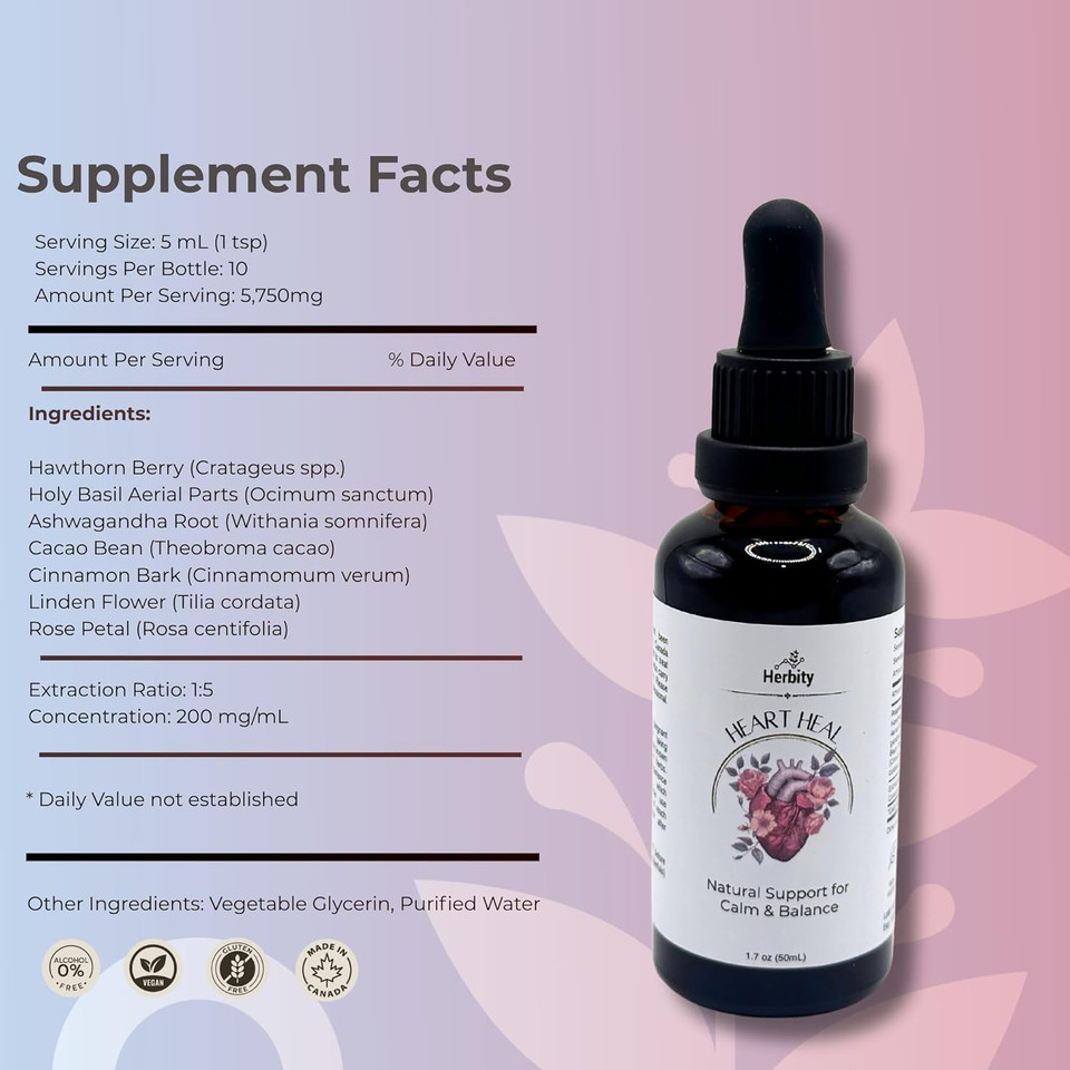 Heart Heal  Natural Support For Calm & Balance With Holy Basil, Rose & Hawthorn  Gentle Herbal Drops For Relaxation & Emotional Wellness (1.7 Fl Oz)