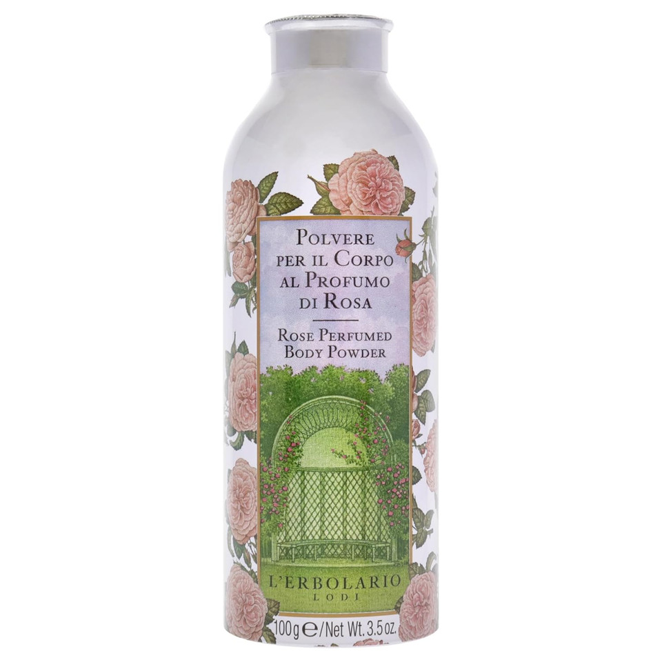 L'Erbolario Rose Perfumed Body Powder - Naturally Enticing Floral Scent With Rose, Jasmine, And White Musk - No Silicones, Parabens Or Petrolatum - Perfectly Refreshing For All Skin Types - 3.5 Oz